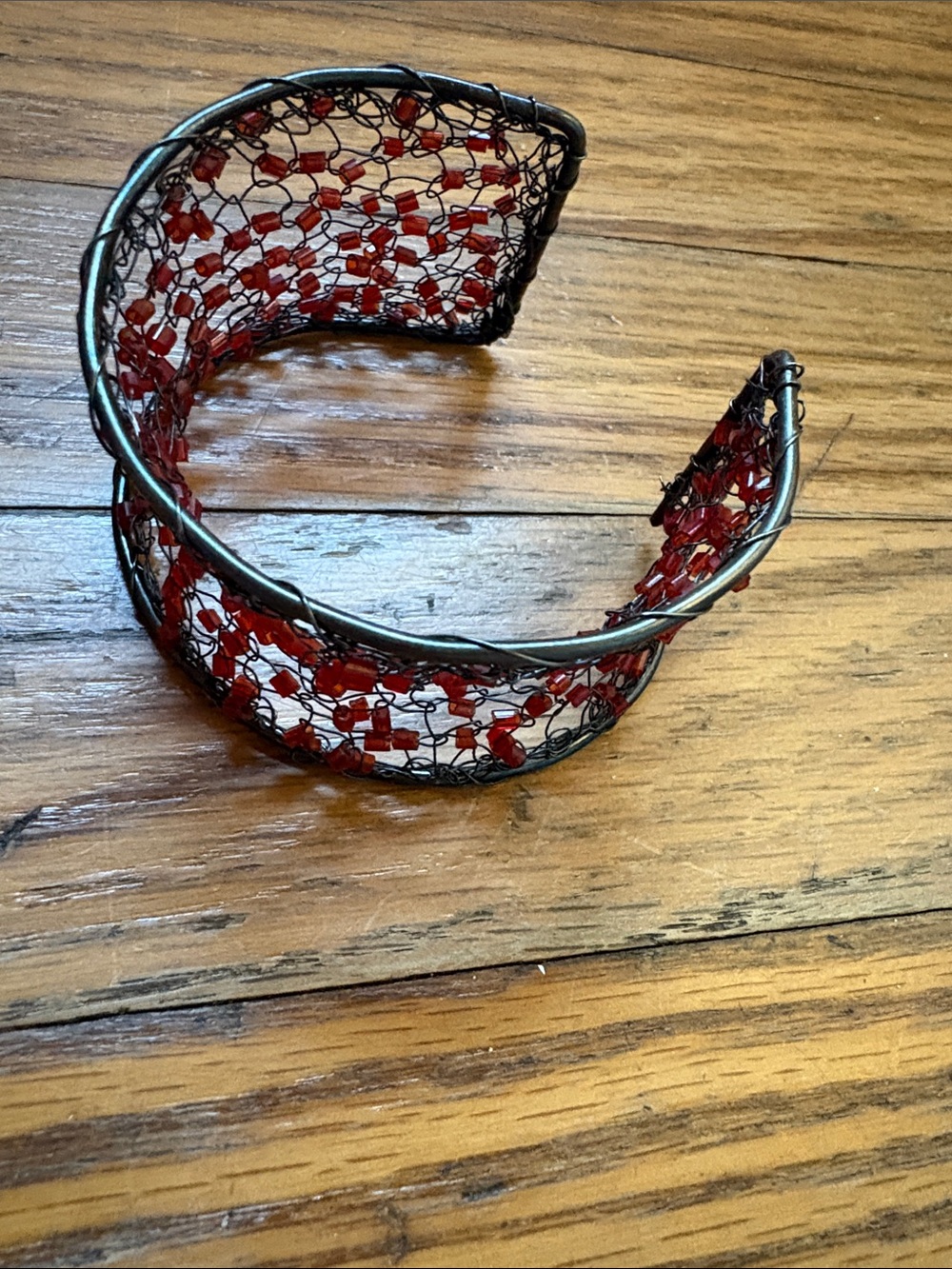 Hand Crafted Beaded Ruby Wire Mesh Cuff Bracelet